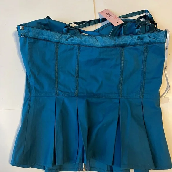 NWT Lydia Blue Bustier Corset Ribbed Peplum Jewel Embellished Top SzS - Picture 2 of 9